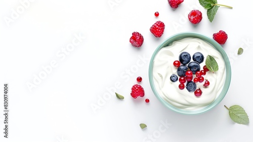 Green bowl of greek yogurt and fresh berries isolated on white background top view   Generative AI