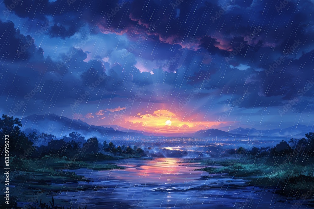 Tranquil scene depicting a serene sunset with rain over a body of water and distant city lights Tranquil scene depicting a serene sunset with rain over a body of water and distant city lights