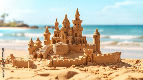 Sandcastle on beach with ocean in background