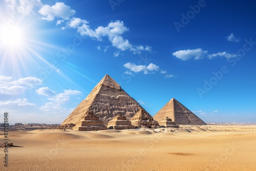 a group of pyramids in a desert with Giza pyramid complex in the background