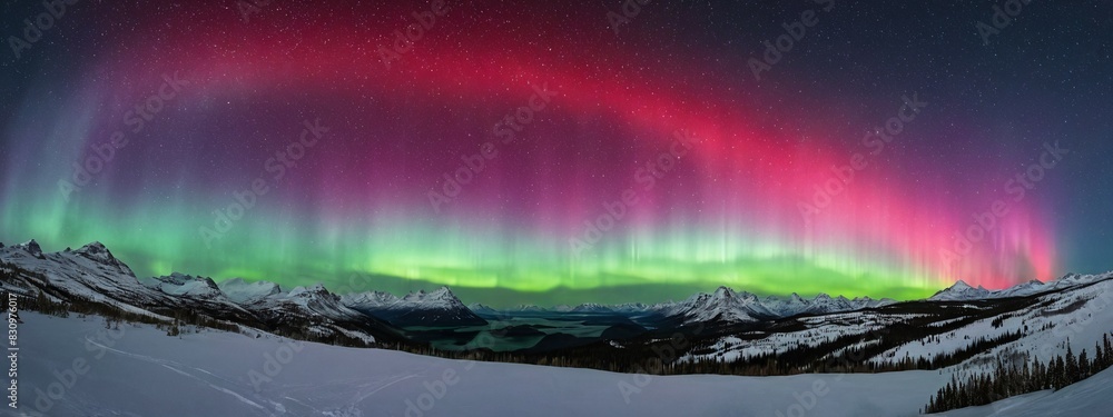 Colorful polar northern lights with stars over snowy mount. Panoramic winter landscape background. Aurora Borealis and starry night sky. Red, crimson aurora. Climate change or global warming concept. 