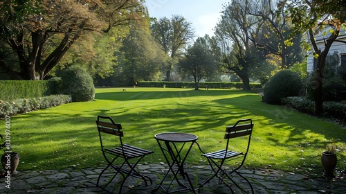 a decent view of chairs and a table in the outdoor lawn of a beautiful house