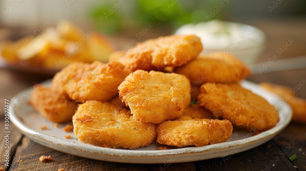 Plate of nuggets with mayonnaise and potatoes for breakfast.
Plate of nuggets with mayonnaise and potatoes for breakfast.