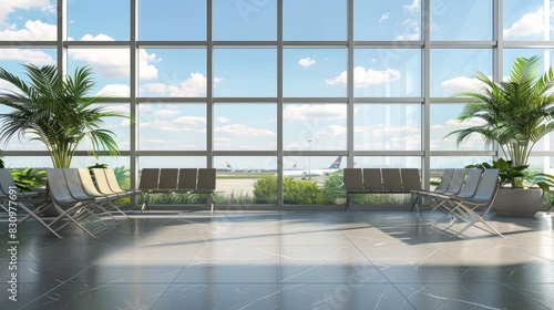 Interior of airport waiting area with window view.  