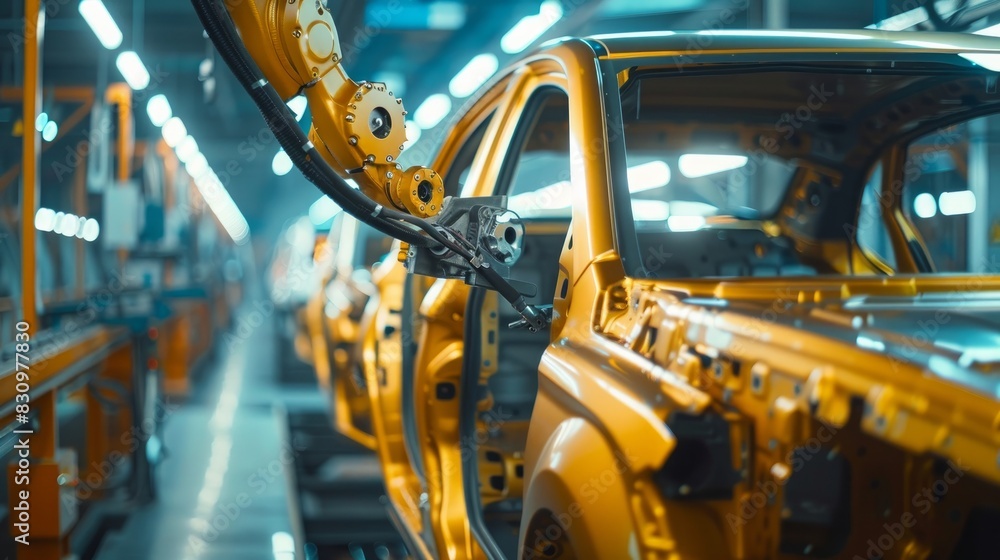 Robotic arm painting a car on an assembly line.
Robotic arm painting a car on an assembly line.