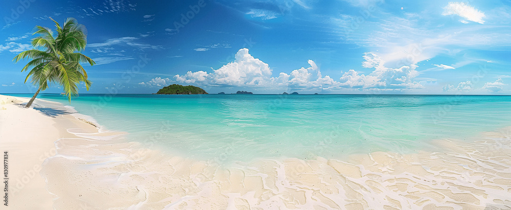 Schöne Palme am tropischen Inselstrand vor blauem Himmel mit weißen Wolken und türkisfarbenem Ozean an einem sonnigen Tag. Perfekte natürliche Landschaft für den Sommerurlaub, tropisch, strand, palme