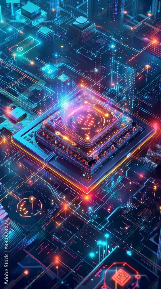 Abstract futuristic cyberpunk processor chip glowing with digital data Abstract futuristic cyberpunk processor chip glowing with digital data