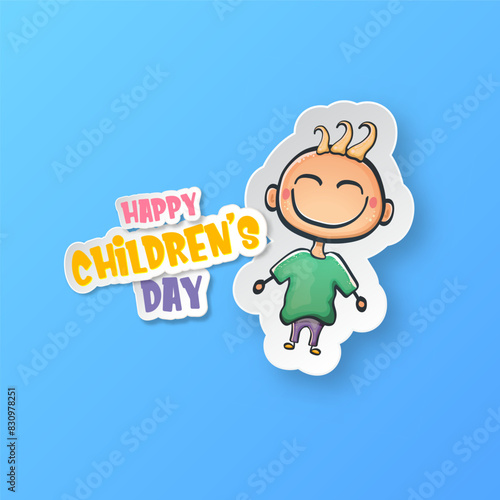 1 june international childrens day background with little funny boy isolated on blue background. Vector happy international children's day poster concept with funny cartoon smiling child © zmiter