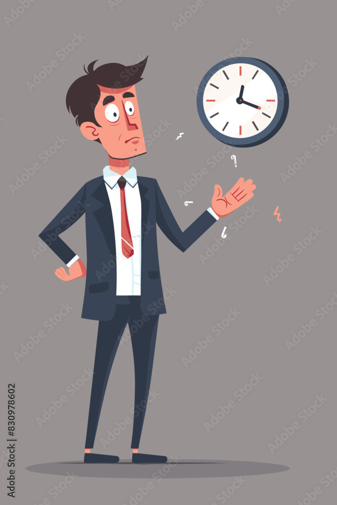 Smart businessman using magnet to stop clock hand, symbolizing time management and control over business deadlines and work efficiency.