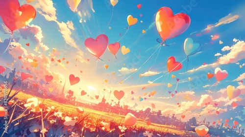 Imagine colorful balloons drifting in the sky as the sun sets forming romantic heart shapes on Valentine s Day photo