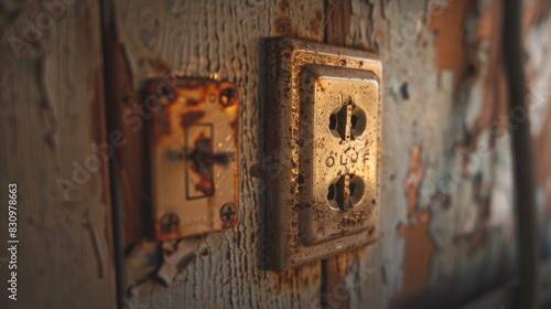 A rusted electrical outlet with the letters OLEF on it photo