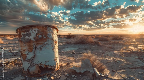 A rusted metal box is sitting on a rocky desert floor photo