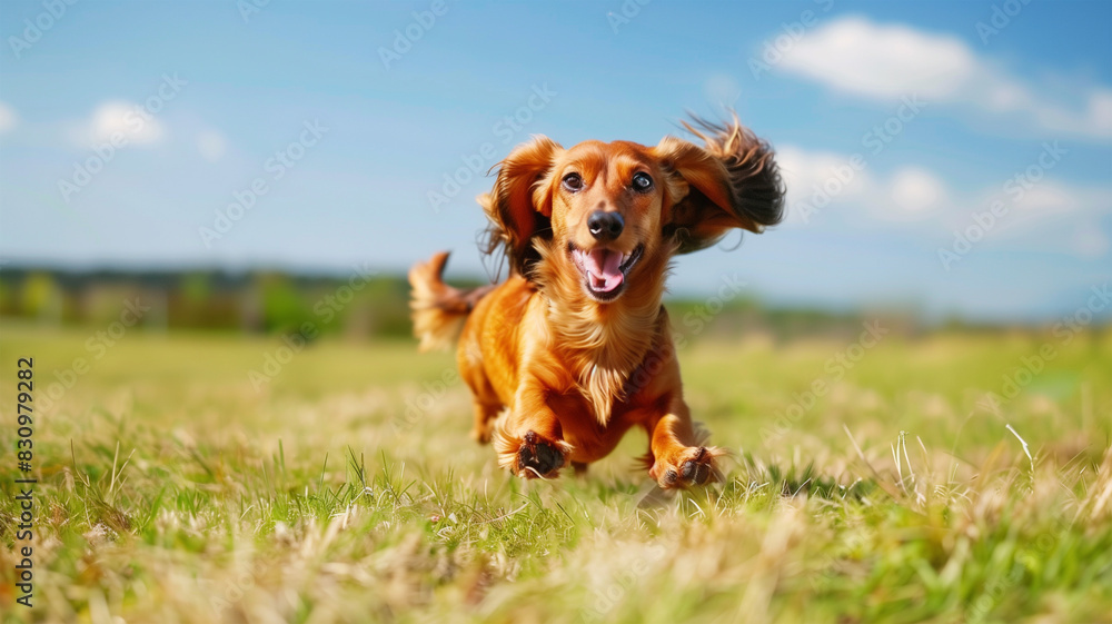 ダックスフンドが広い芝生を喜びで駆け抜ける