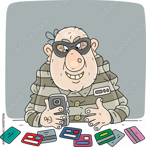 Phone scammer behind bars in prison extorting money from his victim via an online bank application and numbers of credit and debit cards, vector cartoon illustration on white