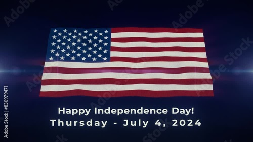 Fourth of July event banner with blue animation, American flag and Happy American Independence Day greetings photo