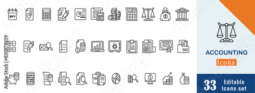 Accounting icon set. Containing financial statement, accountant, financial audit, invoice, tax calculator, business firm, tax return, income and balance sheet