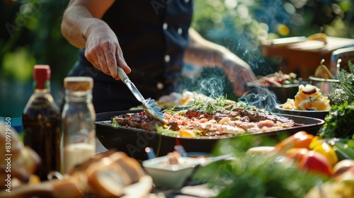 Close-up of a man cooking various dishes. Like on a barbecue