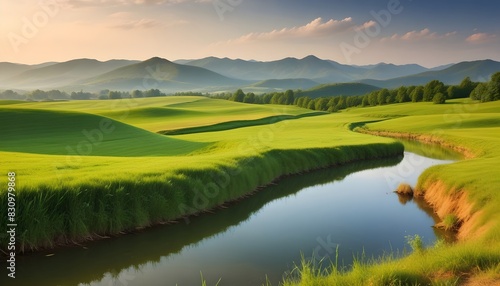A Serene Green Meadow Surrounding a Glistening Lake