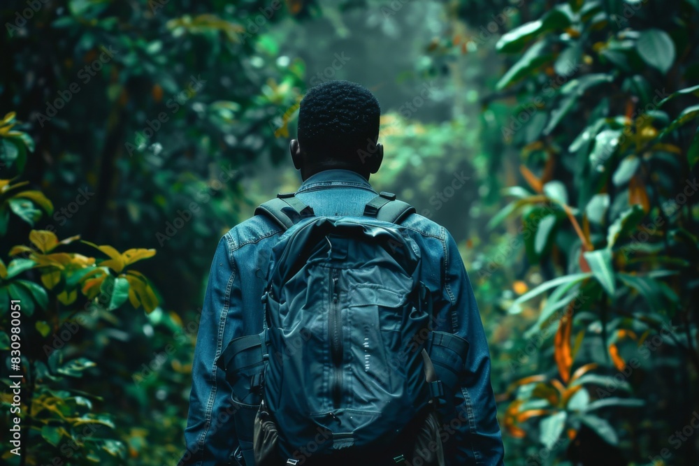Fototapeta premium Rear view of a young man with a backpack ready to explore a dense green forest, hinting at adventure and discovery