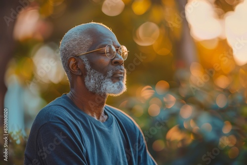 An elderly man gazes to the side with blurred green bokeh background creating a serene scene