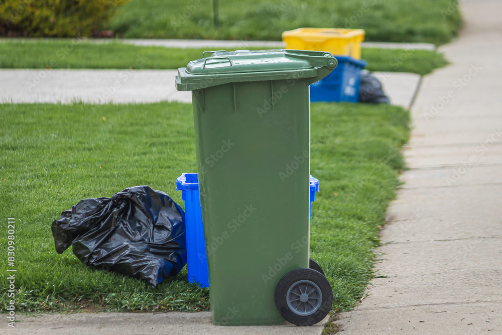 garbage, recycle and waste bins at curb side for garbage pick up day in the city. garbage, recycle and waste bins at curb side for garbage pick up day in the city.