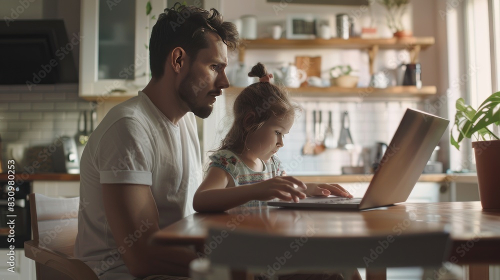 Dad looked at the laptop on the kitchen counter. work many things Dad looked at the laptop on the kitchen counter. work many things