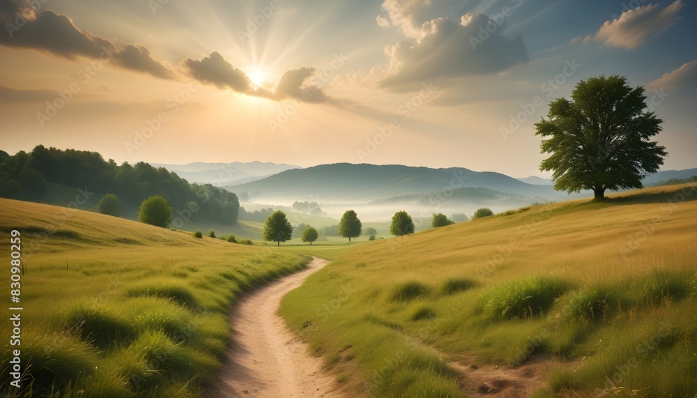 Golden Glow: Lush Green Meadow Illuminated by Sun Rays Golden Glow: Lush Green Meadow Illuminated by Sun Rays