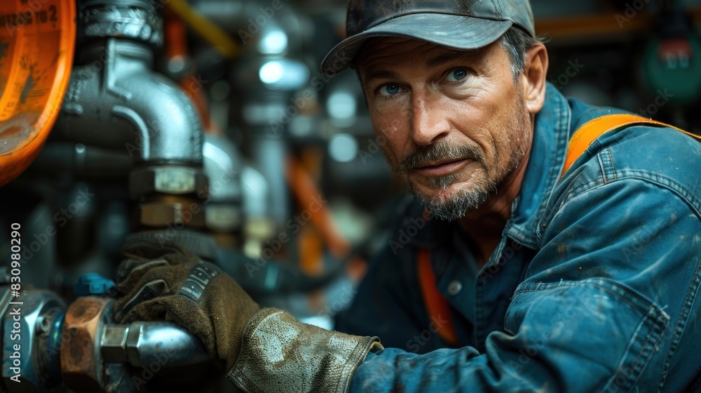 color photo of a plumber dressed in a professional uniform, working to repair a leak, taken by a leica m10-r, moderate DoF, dutch angle, color photo of a plumber dressed in a professional uniform, working to repair a leak, taken by a leica m10-r, moderate DoF, dutch angle,