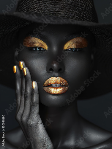 afro woman with brown skin with golden make-up details for decoration painting photo