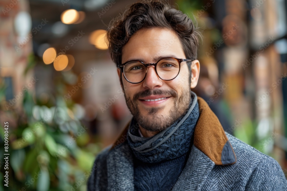 A charming man with stylish glasses and a scarf smiles warmly in a cozy coffeehouse setting A charming man with stylish glasses and a scarf smiles warmly in a cozy coffeehouse setting