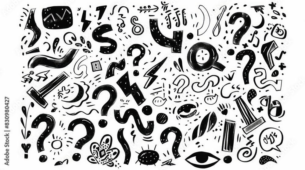 Whimsical doodle question marks in various styles, hand-drawn.
Whimsical doodle question marks in various styles, hand-drawn.
