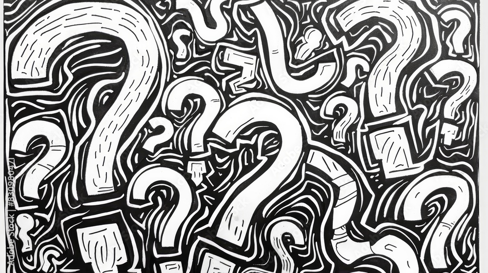 Obraz premium Whimsical doodle question marks in various styles, hand-drawn.