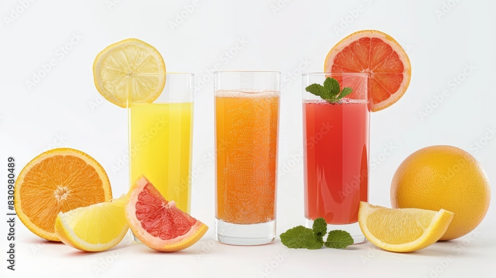 Three glasses of citrus juice (orange, grapefruit, lemon) with corresponding cut fruits, isolated.
Three glasses of citrus juice (orange, grapefruit, lemon) with corresponding cut fruits, isolated.