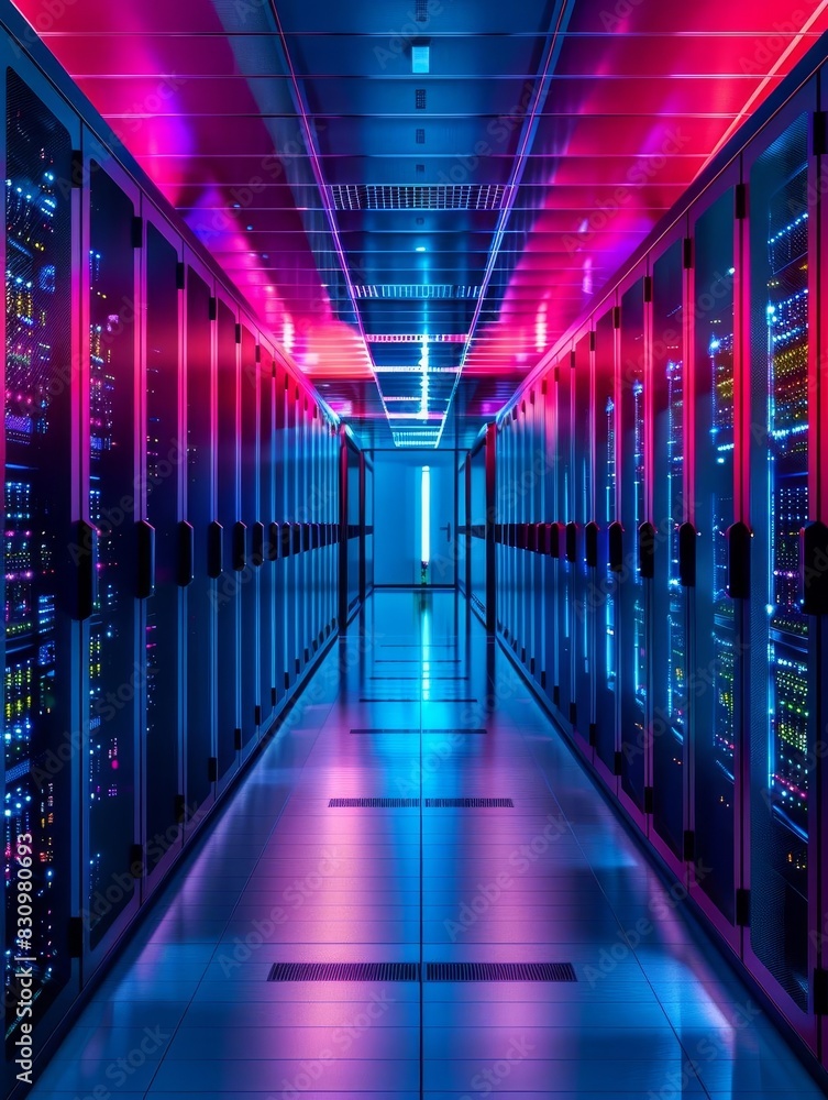 Neon lights illuminate a long row of server racks in a data center. Neon lights illuminate a long row of server racks in a data center.