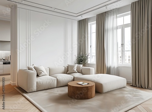 Modern interior of the living room in white color with beige sofa