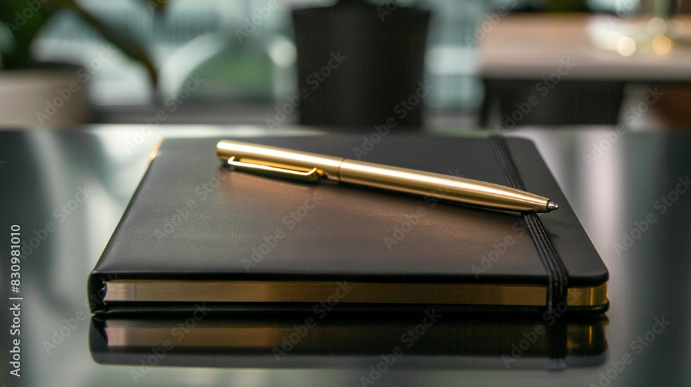 A black notebook with a gold pen A black notebook with a gold pen
