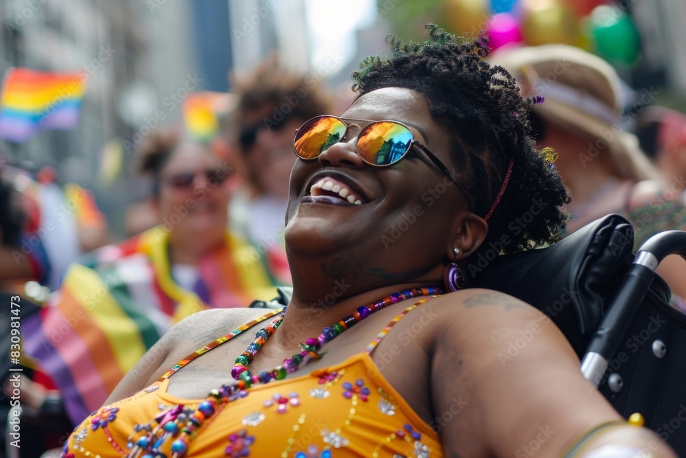 A person is captured from behind at a pride parade wearing vibrant clothing decorated with beads, exuding an atmosphere of celebration and inclusivity