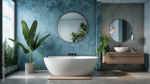 A modern bathroom interior featuring blue and white walls  a concrete floor  and wooden elements.  