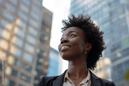 An upward-looking young woman standing confidently amidst tall city buildings, with a hopeful expression