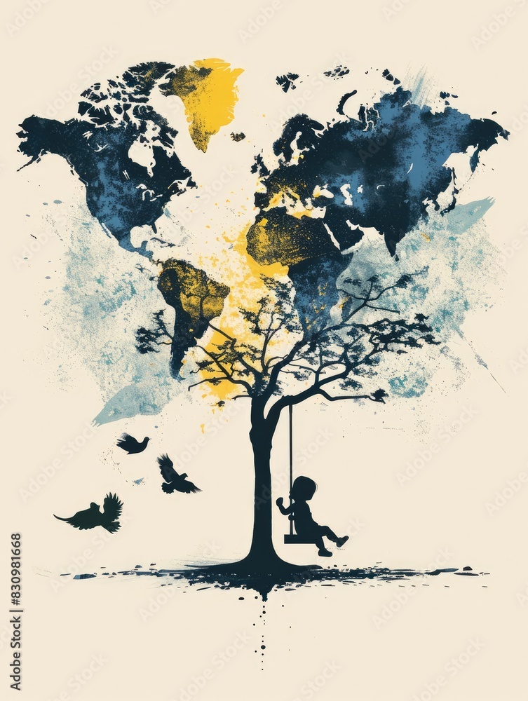 World Tree of Life: Minimalist Graphic Design Featuring a Stylized Tree with World Map Leaves and a Little Girl on a Swing in Blue, Yellow, Black, and White World Tree of Life: Minimalist Graphic Design Featuring a Stylized Tree with World Map Leaves and a Little Girl on a Swing in Blue, Yellow, Black, and White