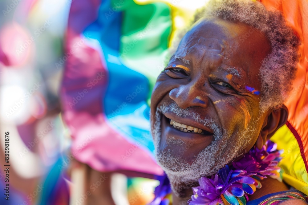 An elderly man smiles broadly at a pride parade, adorned with colorful leis against a vivid background An elderly man smiles broadly at a pride parade, adorned with colorful leis against a vivid background
