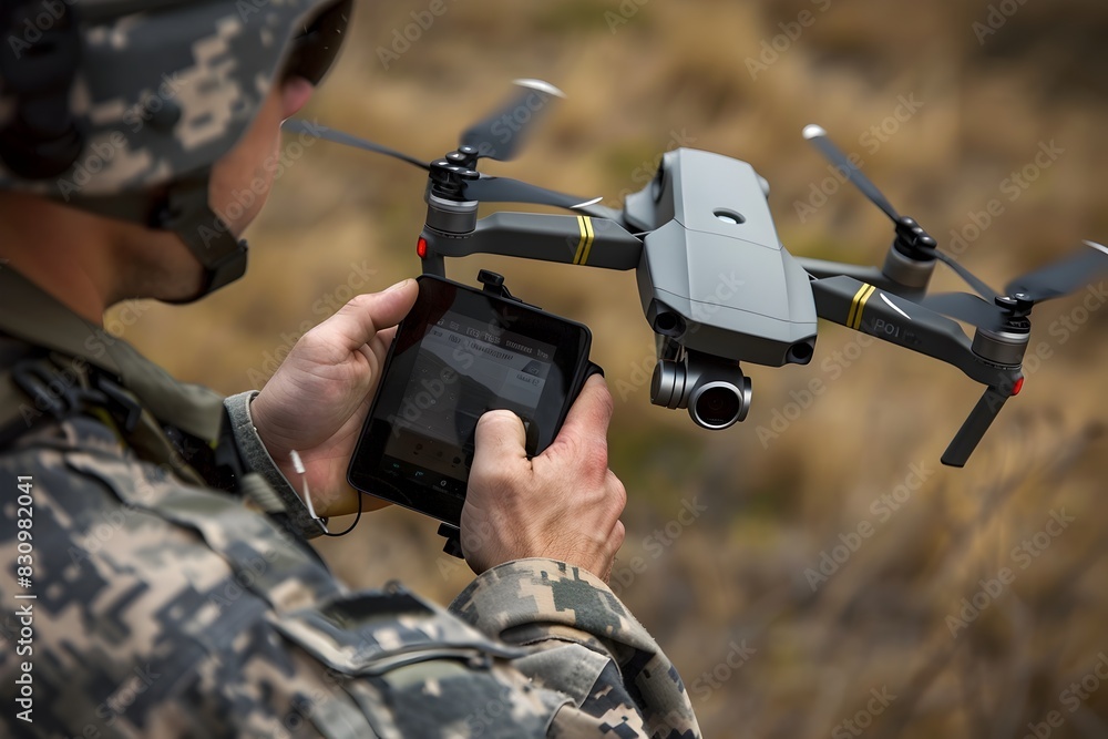 Fototapeta premium Soldier Controlling Tactical Drone with Handheld Device for Aerial Reconnaissance and Surveillance
