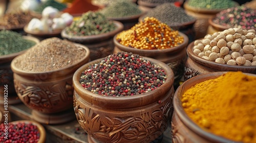 Assortment of colorful spices in carved wooden bowls at a traditional market