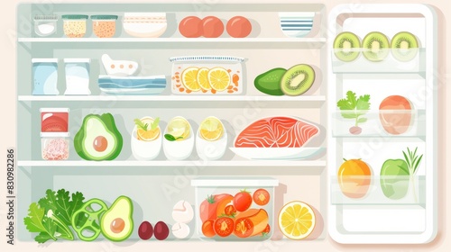 An open fridge filled with various healthy food items neatly arranged on the shelves.