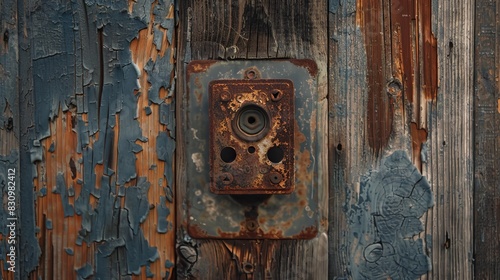 A rusty old switch with two holes and a bolt in the middle