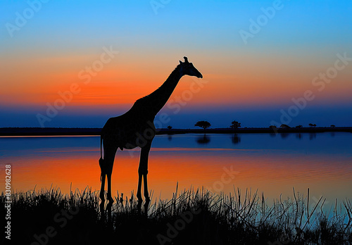 Beautiful sunset view near lake with huge giraffe. Created with Ai 