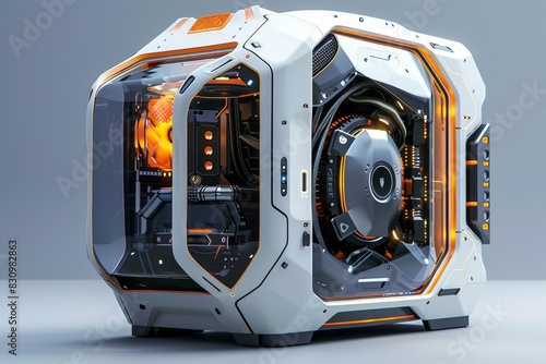Futuristic computer case with glowing orange lights and visible internal components. photo