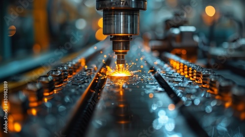 A CNC machine milling metal with visible sparks, showcasing precision manufacturing in a modern factory setting