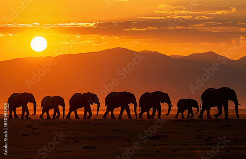 Sunset in the desert with elephants. Created with Ai