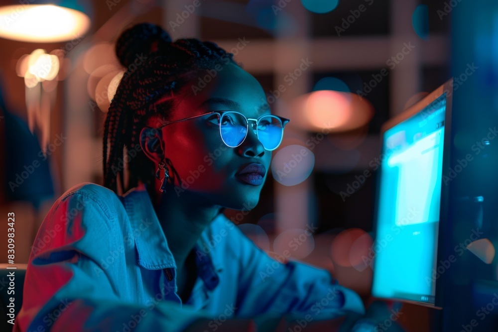 An adult woman is engaged in concentrated computer work at night, emanating a blue light that illuminates her figure An adult woman is engaged in concentrated computer work at night, emanating a blue light that illuminates her figure